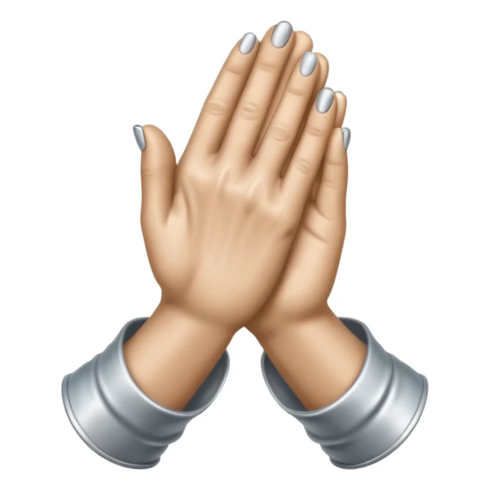 Emoji-style praying metallic hands, realistic proportions, clean outlines sticker