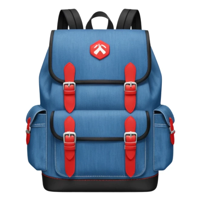 a blue denim backpack with a flap top, two vertical *black buckle straps* on the front. The backpack has two side pockets and a soft square shape. at front pocket bottom side, red and white two divided logo like tommy hilfiger 

 sticker
