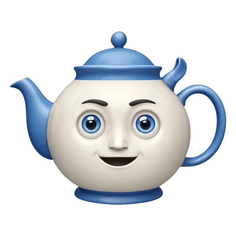 It is a large teapot with legs and a handle extending into an arm. It also has a face with wide-open blue eyes, the frowning like face. sticker