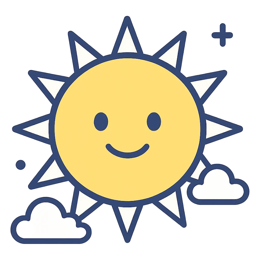 cheerful yellow sun with a smiling face, clean modern illustration style sticker