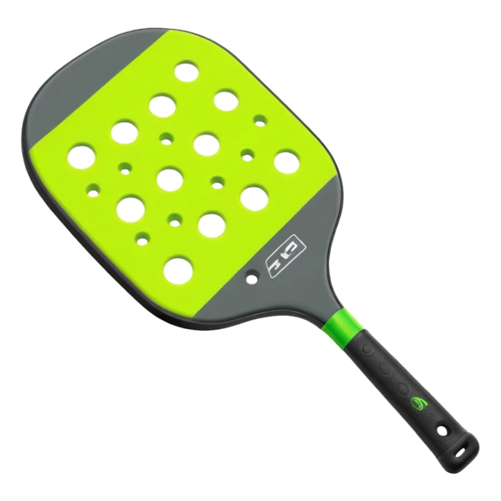 Modern Pickleball paddle graphite without holes, dark grey. 1 ball beside or on top the paddle florescent green at 45 degrees sticker