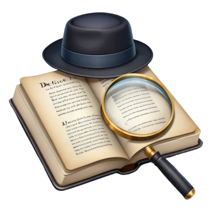 Icon for Detective Reading: an open book with text and a magnifying glass, a detective’s hat and a notebook with clues, surrounded by dark shadows and mysterious elements like footprints. Transparent background. sticker