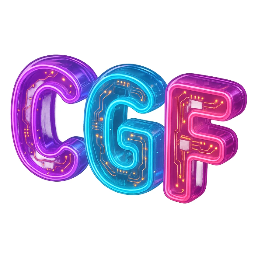 letters CGF in neon sign style emoji, glowing effect, suitable for Discord sticker