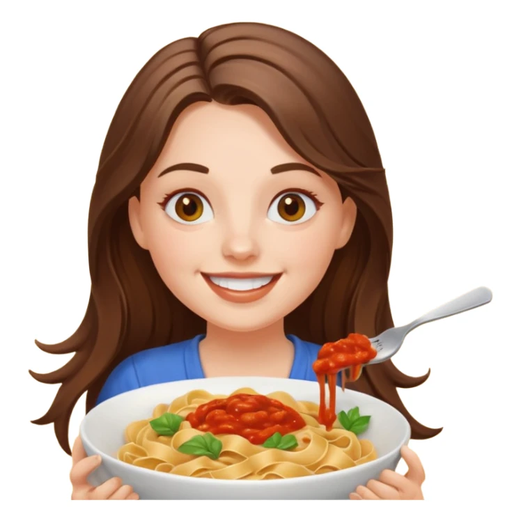 smiling white long brunette hair girl with hazel eyes eating pasta sticker