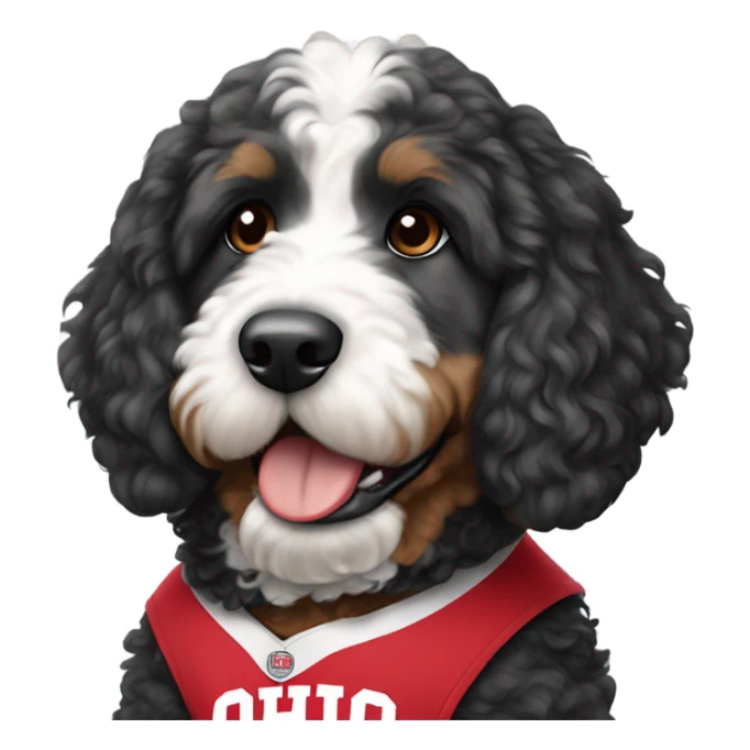 Bernedoodle with Ohio state jersey on sticker