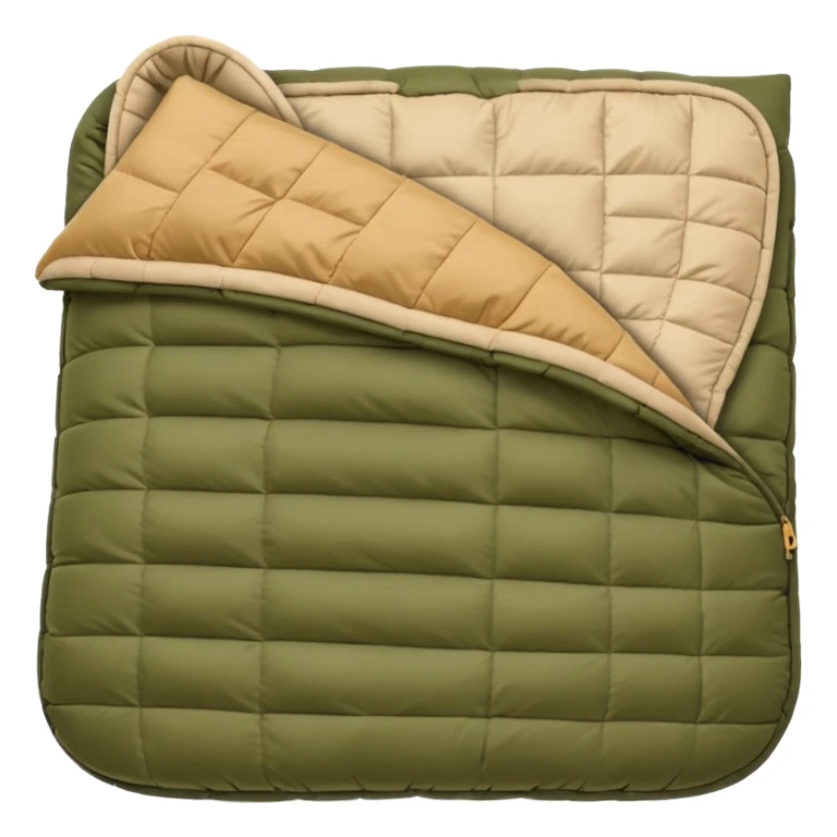 sleeping bag in blue/yellow to olive & tan (#7D7A52 / #E1C699). sticker