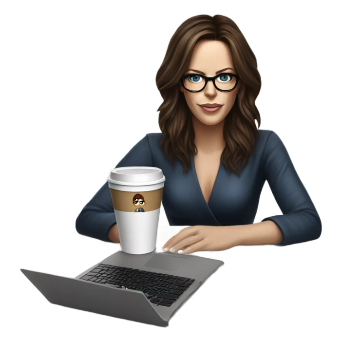 Hyper Realistic Kate Beckinsale dark blue eyes wearing glasses drinking coffee at a laptop  sticker