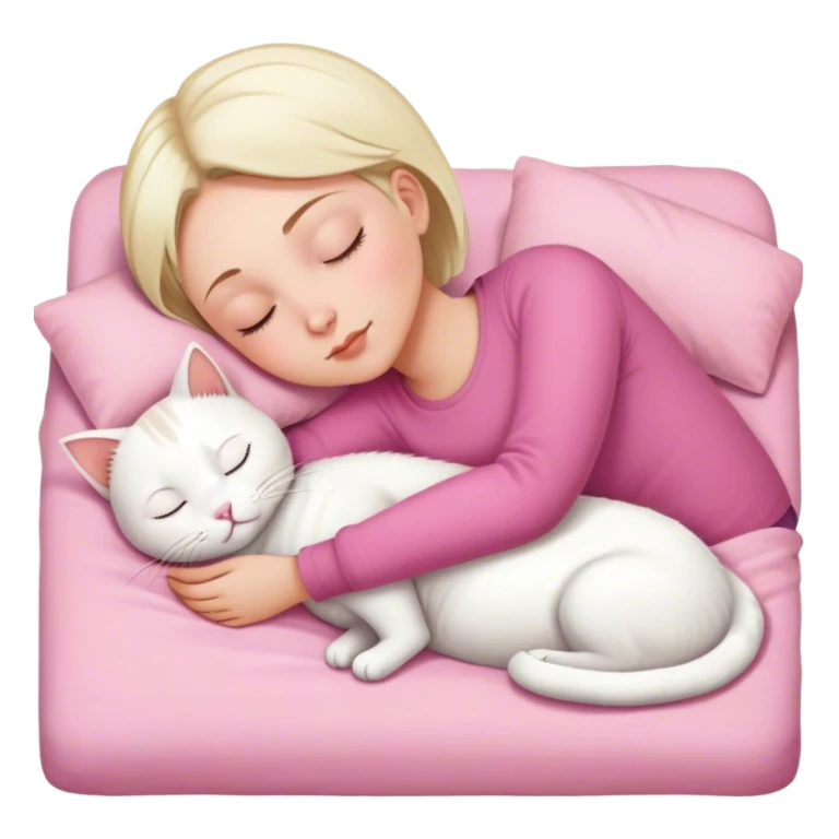White cat sleeping with white girl short hair in pinky bed  sticker