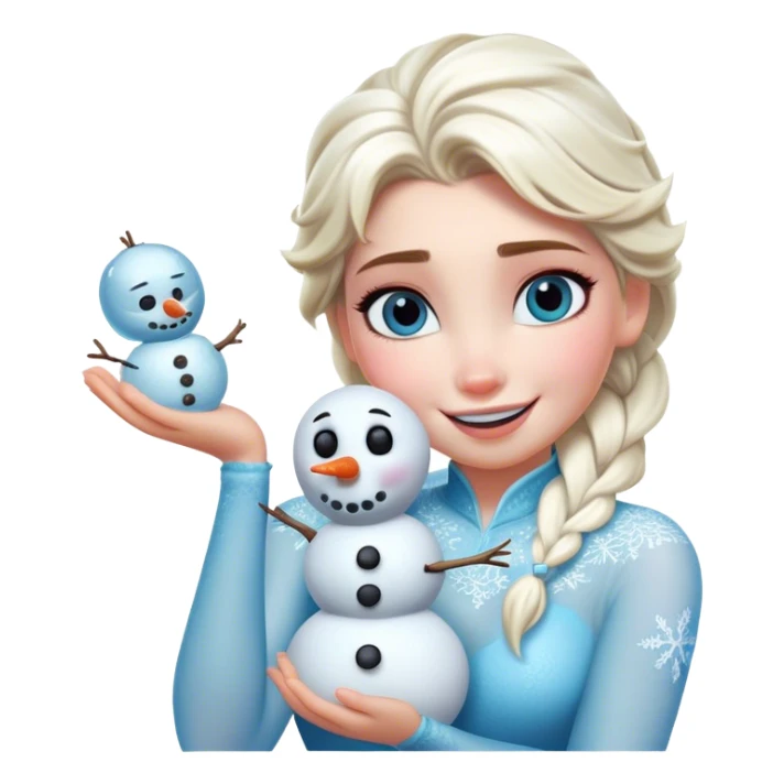 Cinematic Funny Elsa Portrait Emoji, Making a tiny snowman in her hands with a proud grin, looking smug as it dances, an unexpectedly hilarious moment of icy creativity! sticker