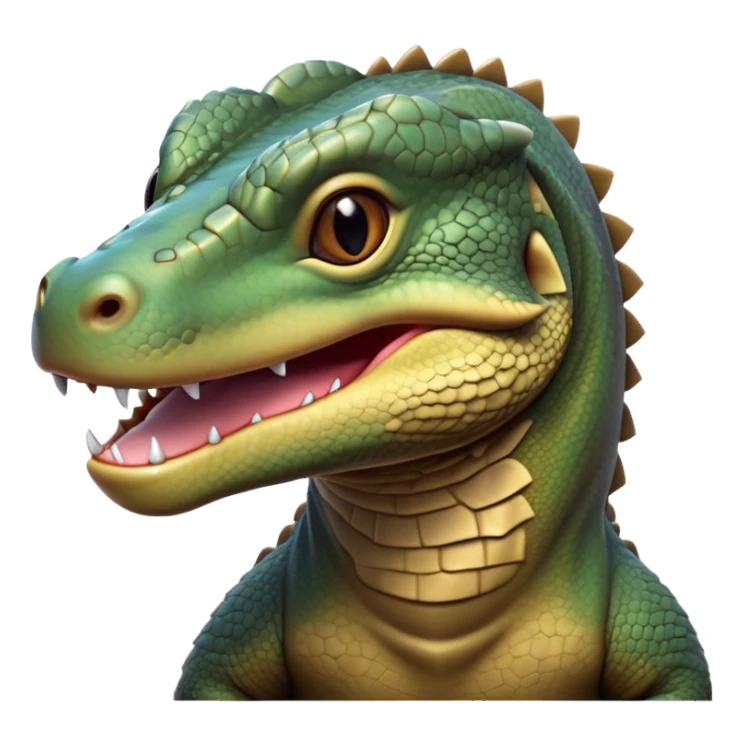 Cinematic Realistic Cute Komodo Dragon Portrait Emoji, Head tilted playfully and inquisitively, featuring a compact, robust build with finely detailed, textured scales in natural earthy hues and a characteristically alert face with bright, curious eyes, rendered with lifelike clarity, high shine, affectionate and surprisingly endearing, styled with a touch of wild charm, soft glowing outline, capturing the essence of a mischievous yet lovable Komodo dragon that seems poised to inch its way out of the screen into your arms! sticker