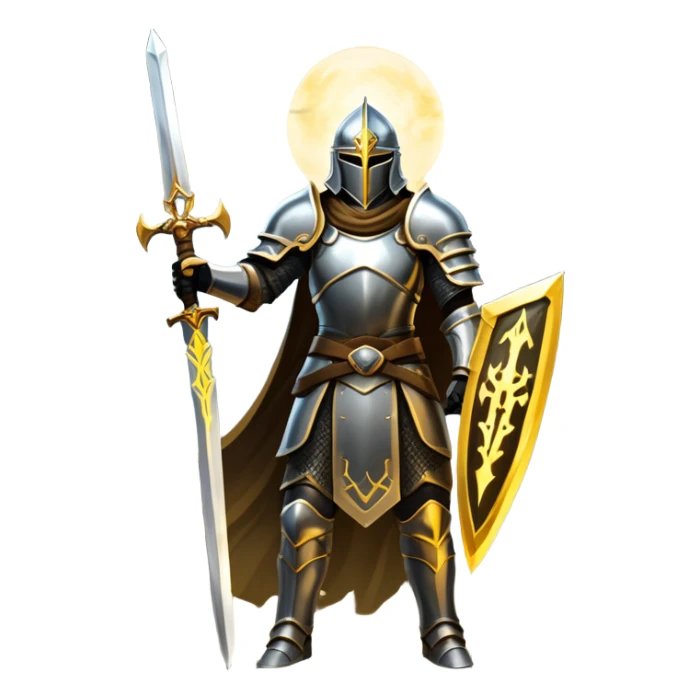 An icon representing a role-playing game (RPG), inspired by Elden Ring. The design features a warrior in armor, holding a sword, standing in front of a mystical, dark landscape with glowing runes and a distant castle. The atmosphere evokes epic quests, exploration, and intense battles. Transparent background sticker