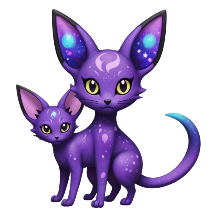 Obsidian Black Iridescent Deep-Violet Cosmic-Speckled Nebula-Marked Espeon-Noibat-Purrloin-hybrid-creature (full body) sticker