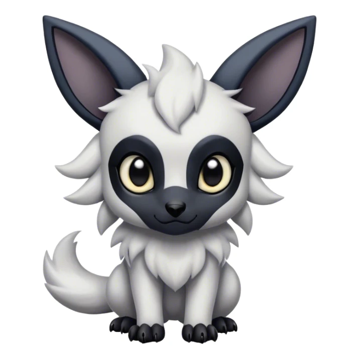 Absol-Umbreon, long thick black ears, black Scapha, black long tail, black eyes, white fur, black claws, cute big eyes, adorable sticker