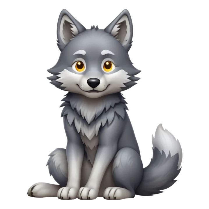 cinematic-[wolf]-realistic-full-body-sitting-emoji,-tail-resting-loosely-beside-its-paws,-head-tilted-dramatically, -scruffy-[grey]-fur,-simplified-yet-realistic-focused-features,-highly-detailed,-glowing-with-an-almost-sarcastic-glow sticker