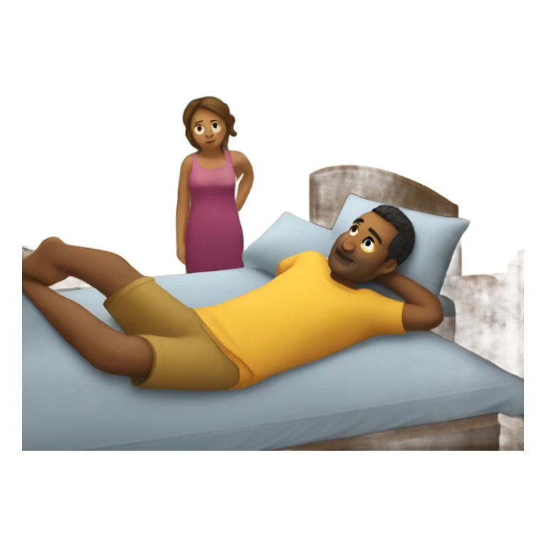 Bed with man in background and woman on bed in front of him sticker