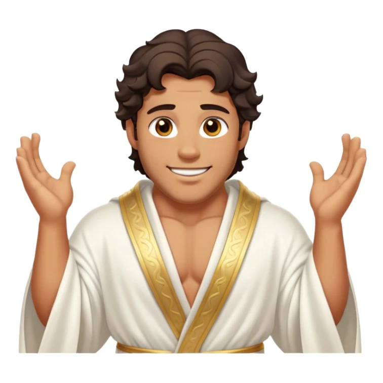 Cinematic Realistic Hercules Portrait, head tilted playfully and inquisitively, showcasing a charming blend of Disney heroic charisma and the refined grace of Michelangelo's David. His sun-kissed bronze skin and thick, wavy dark hair are rendered with classical precision, complementing a warm, inviting smile and sparkling, mischievous eyes. Clad in a softly draped white robe with subtle golden details, he exudes approachable strength under gentle, natural lighting. sticker