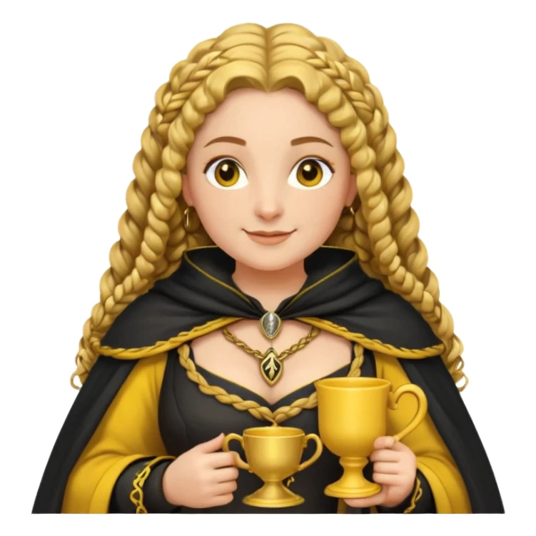 Helga Hufflepuff, 2 curly thick brown braids, yellow-black medieval dress, black cloak decorated with gold braiding, tiny two-handled shiny yellow-gold cup, very kind smile, curvy busty sweet woman, thick rosy cheeks sticker