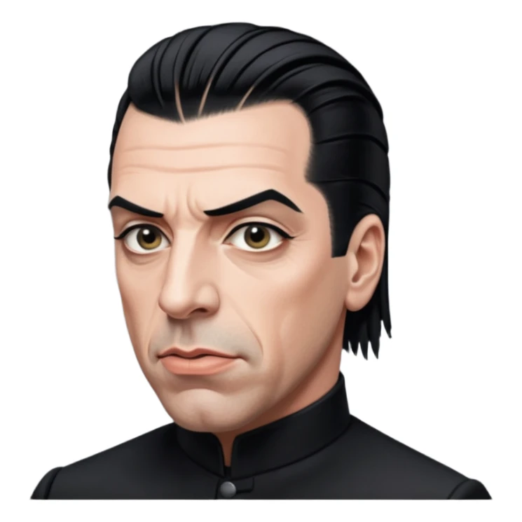 Till Lindemann, slicked-back hair, dramatic stage face, black clothing sticker