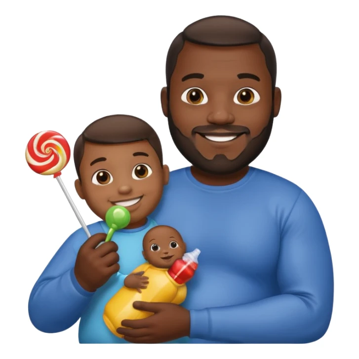 Big black man hold a  baby bottle and a lollipop sticker