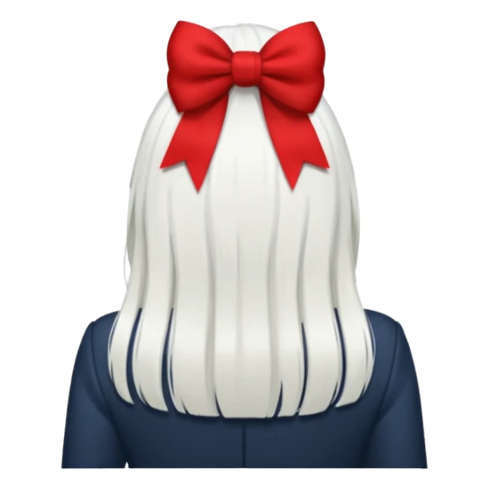 back view of white hair with red bo sticker