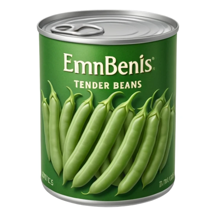 metal can with simple label open top showing tender green beans inside cut into even lengths moist slightly glossy packed in light brine muted green color soft texture cooked preserved vegetables no fork bowl branding just opened can soft lighting subtle shadows emoji scale sticker