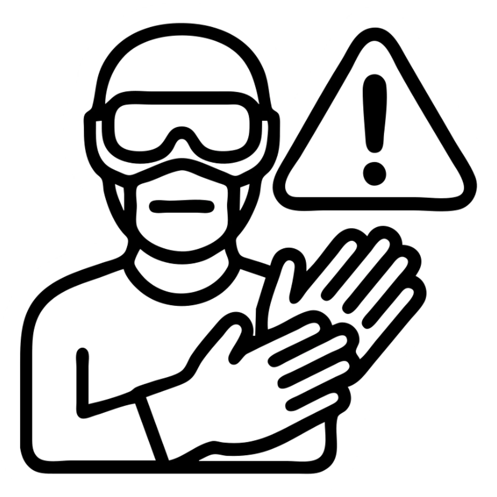 warning icon showing a person wearing full PPE including safety goggles, gloves, and a mask, with a bold exclamation mark, suitable for a chemical factory safety sign sticker