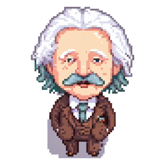 Einstein sticking his tongue out, pixel art style, white hair, mustache, suit sticker