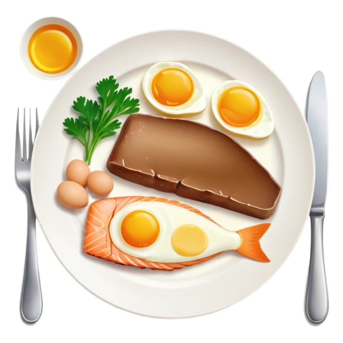 A plate with liver, egg yolk, butter and fish, with vitamin A nutrition labels sticker