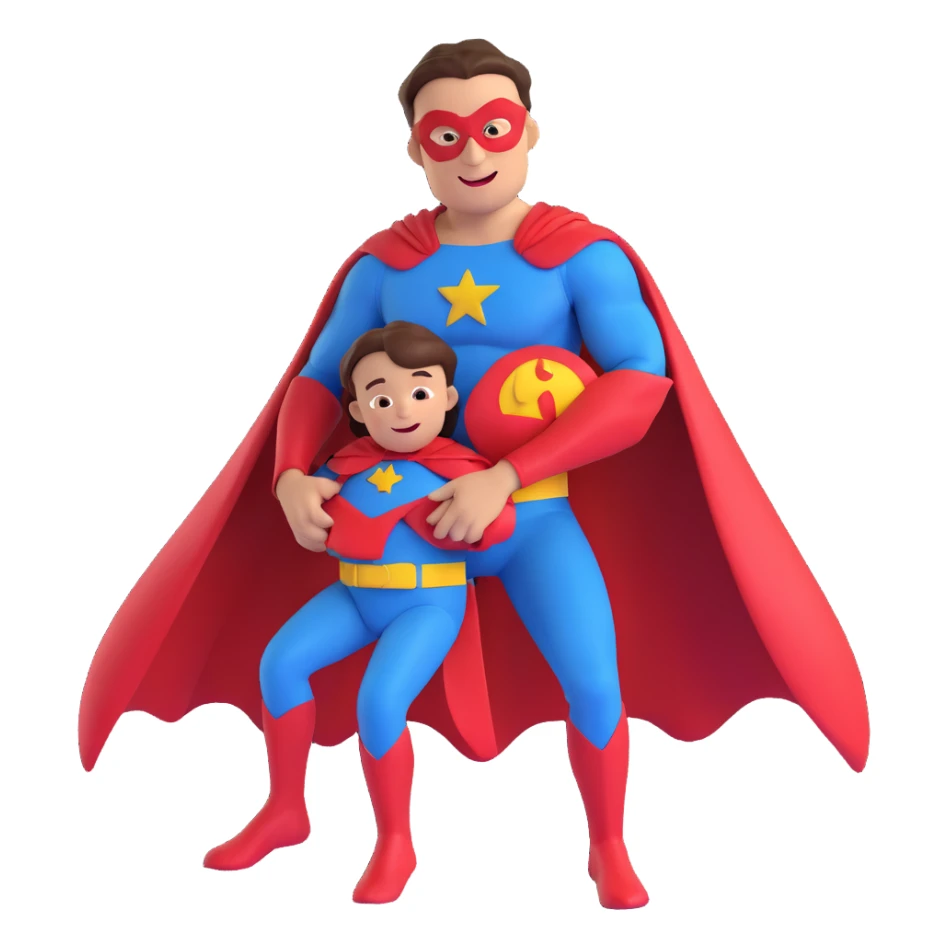 super dad, holding a child, superhero costume, cheerful sticker