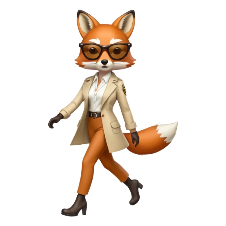 serious anthropomorphised female fox in stylish outfit with sunglasses, walking with confidence, full-body sticker