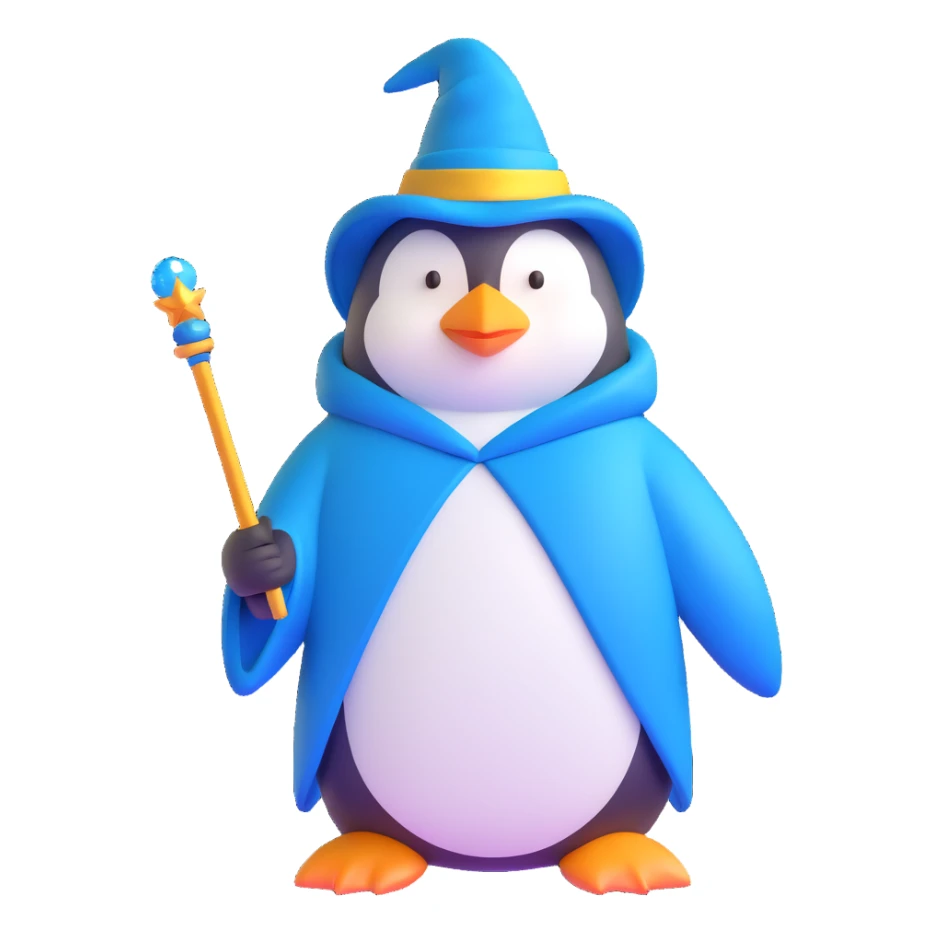 penguin wizard with a blue robe and sparkly wand sticker