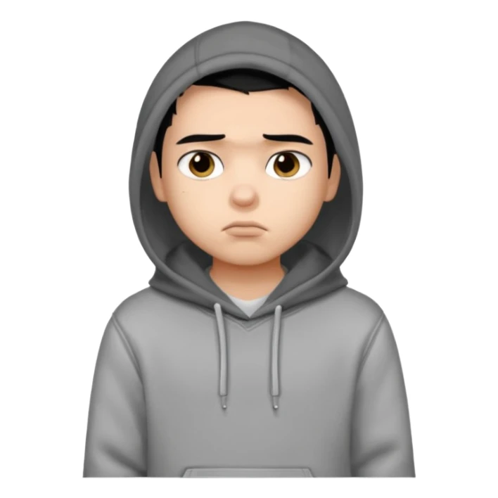 a pretty bratz boy with black hair and a grey hoodie looking sad sticker