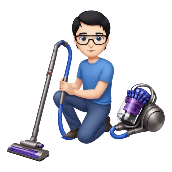 Man with black hair and blue eyes with glasses using a dyson on the floor sticker