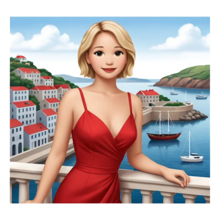 jennifer lawrence, closeup portrait , leaning on a balcony with a harbor and cityscape in the background, smiling, red dress  sticker