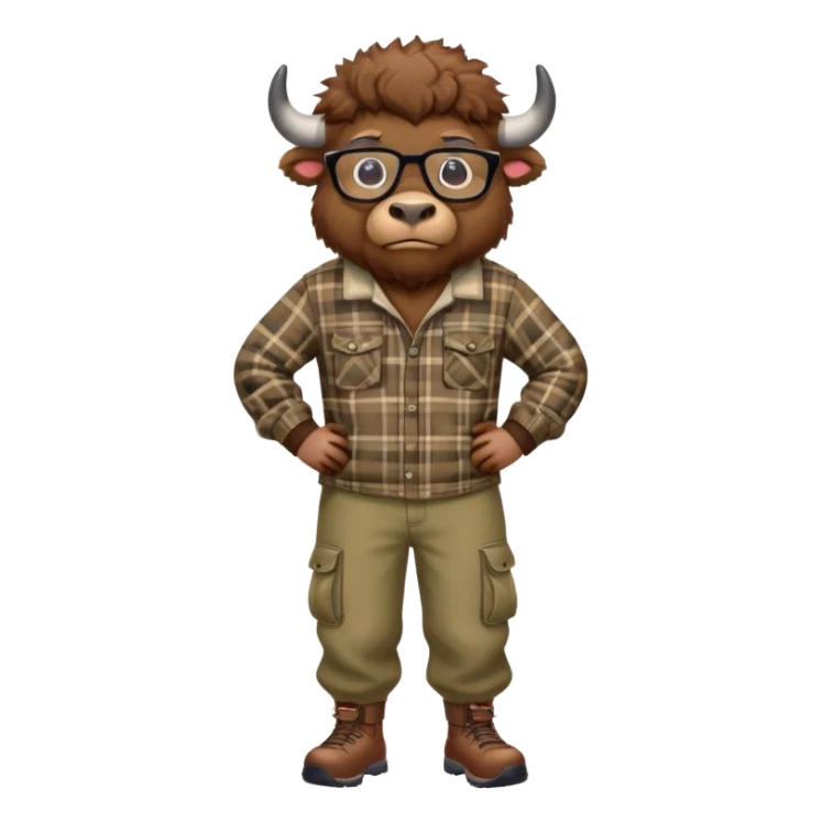 friendly anthropomorphised bison in cargo pants and plaid shirt, wearing glasses, jogging upright sticker