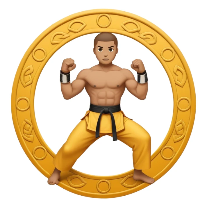 An emblem-style emoji symbolizing striking martial arts. The design features a stylized fighter in a dynamic stance, delivering a powerful punch, surrounded by a circular border with traditional elements like fists and combat symbols. Bold, clean lines with contrasting colors. sticker