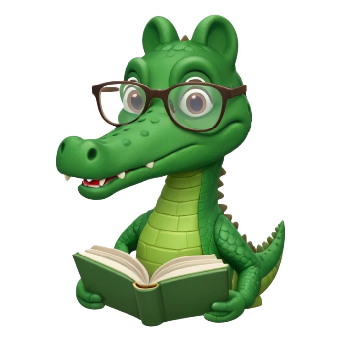 A claymation alligator with a book and glasses. The background is a solid white circle sticker