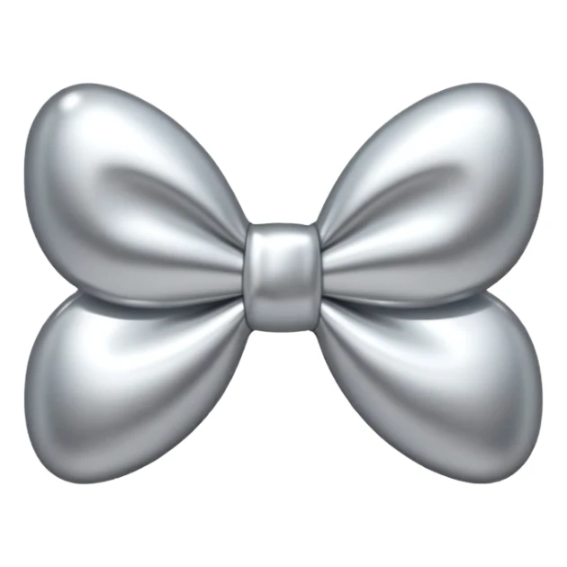 A cute bow emoji made of polished silver chrome, smooth rounded loops, glossy metallic surface, soft mirror reflections, subtle highlights, minimal and adorable proportions, iOS emoji style, centered composition, clean white background, soft studio lighting, no text, no outline, ultra high quality sticker