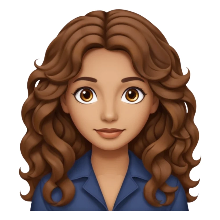 She has long, brown hair styled in soft wavy curls with a middle part. She has well-shaped eyebrows and dark brown eyes. She is wearing light makeup that highlights her natural beauty and is offering a slight smile to the camera.  sticker