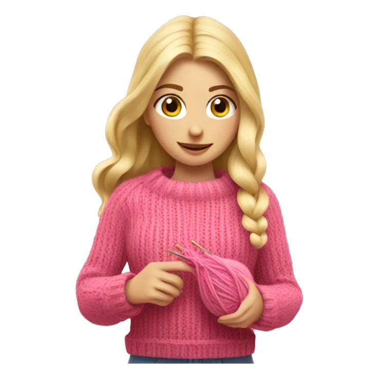 Blonde girl knitting with pink sweater knitting a hat sticker