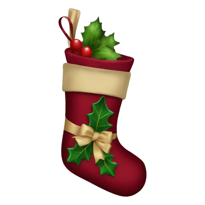 Christmas stocking with wine red green colors with beige satin bow sticker