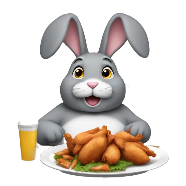 Fat gray bunny with big ears eating chicken wings and is sitting on a table  sticker