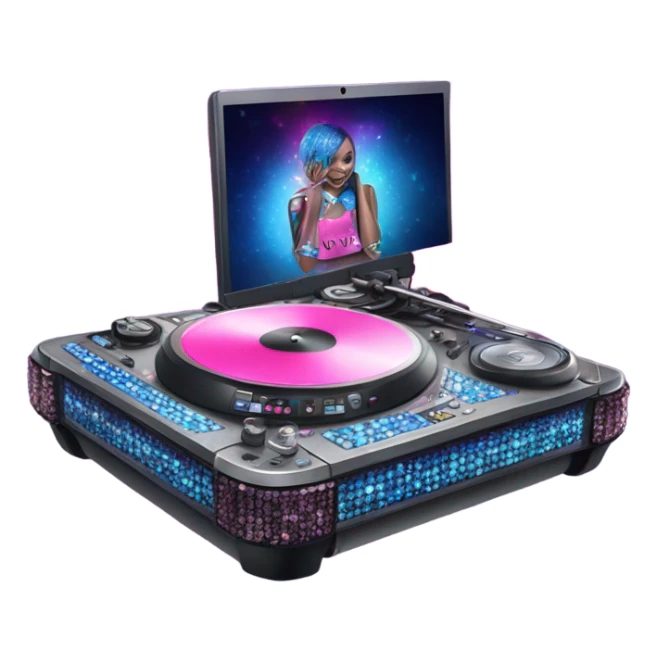 Realistic DJ turntable setup with pink,blue,and purple sparkling diamonds and rhinestones on it. sticker