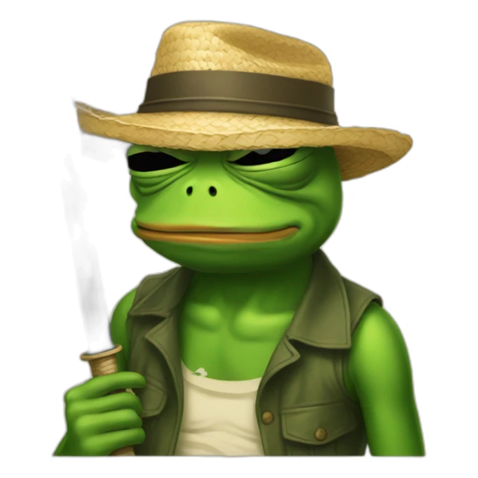 pepe frog holding katana with straw hat and he is sad  sticker