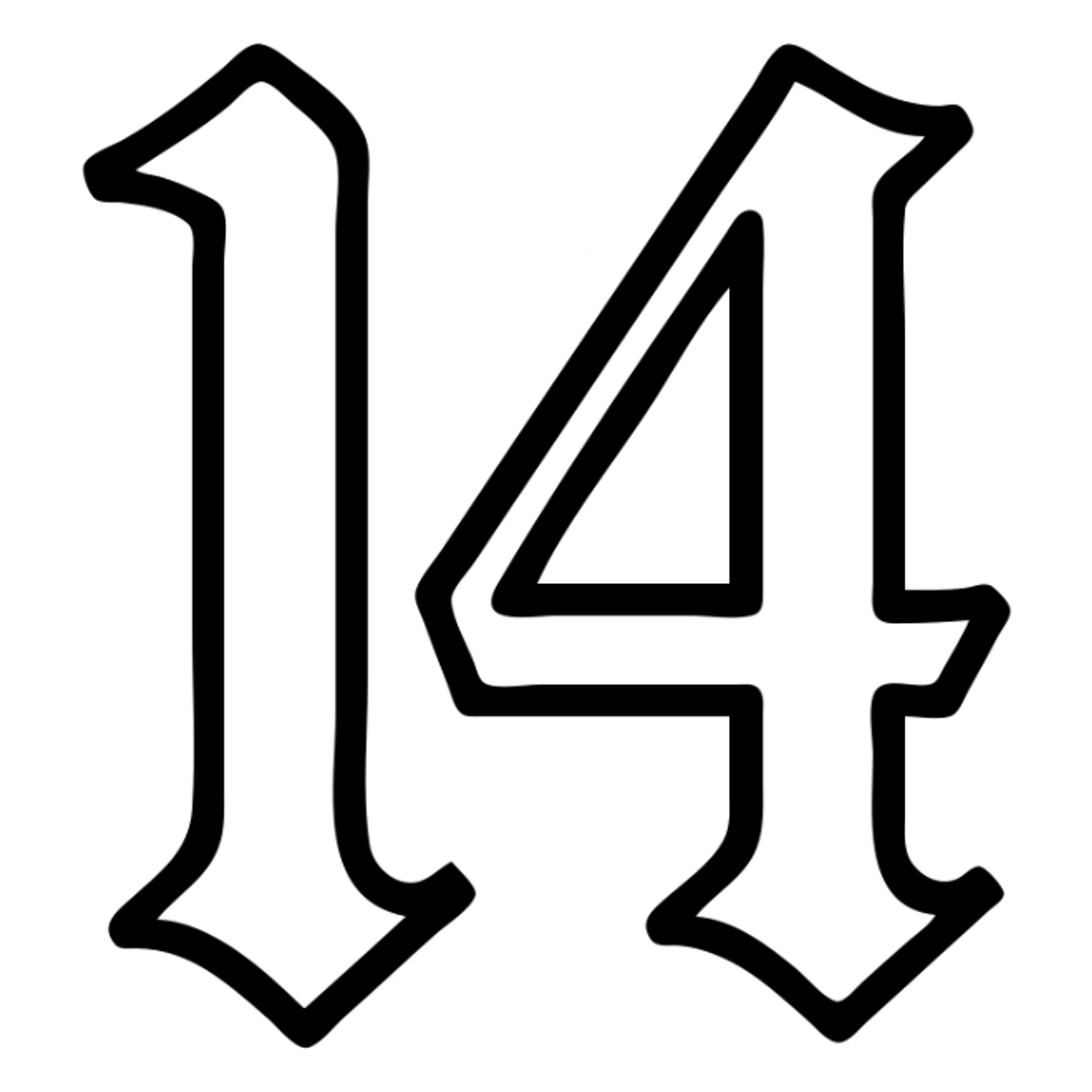 number 14 in blue, old English writing, icon style sticker