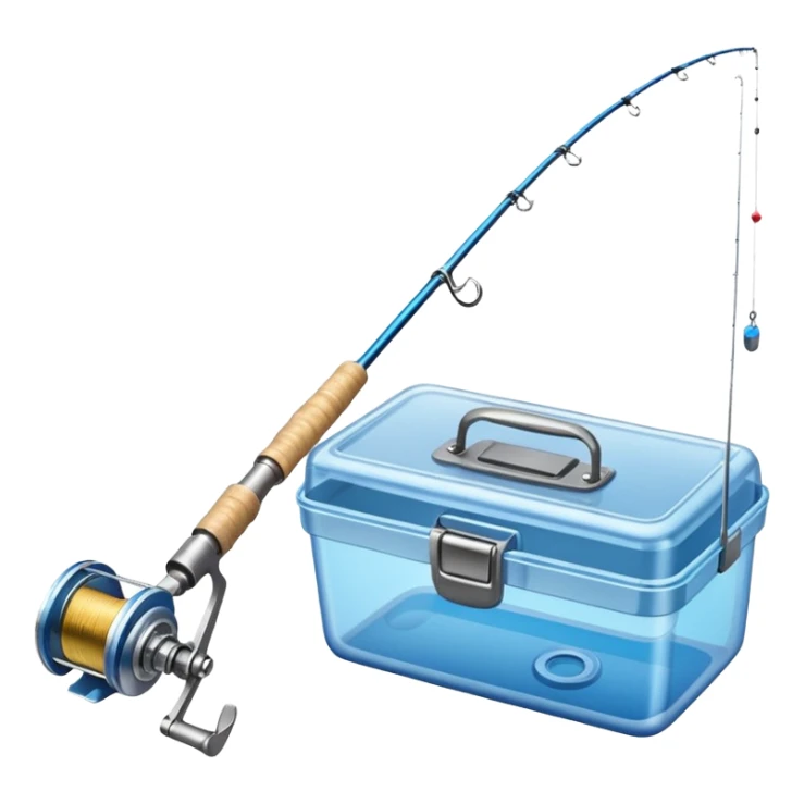 A fishing rod with reel and line neatly coiled beside a bait box. sticker