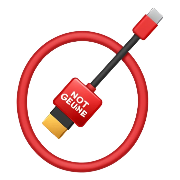 a red slash over a cable with with the text "NOT GENUINE" sticker