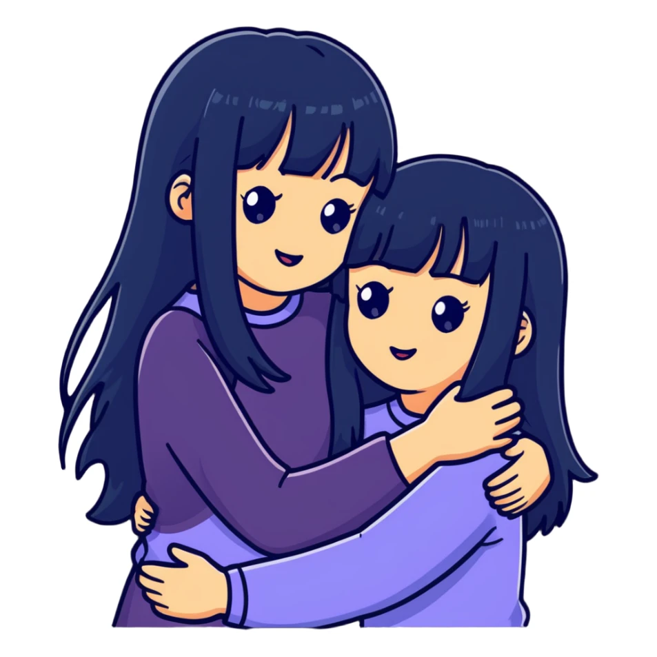two white girls with long black hair hugging each other, one with bangs sticker