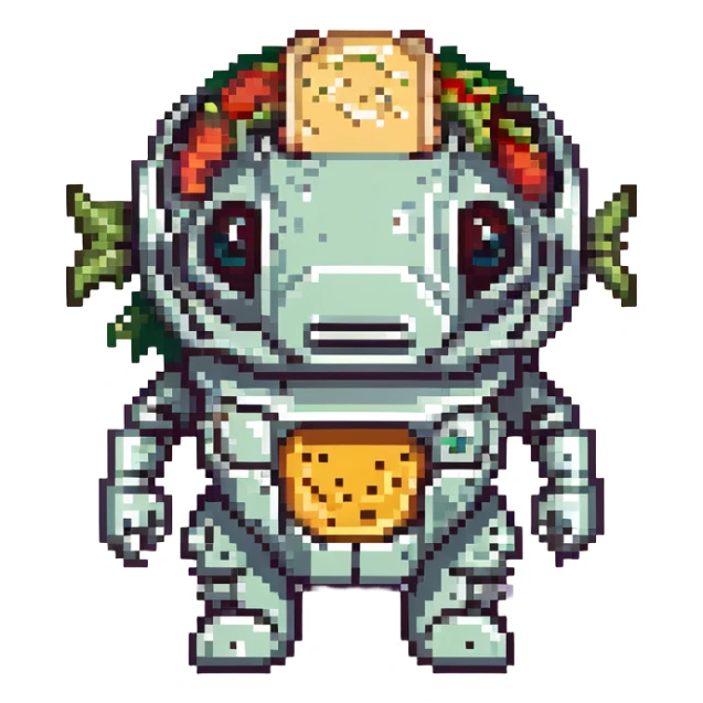 a cyborg robotic salmon who's body is made from a filled crunchy taco, with lettuce salsa meat and cheese. he is fish taco bot man his face and head, tail, and fins are metallic robotic construction, he has a slit visor across his face where his eyes should be like cyclops sticker