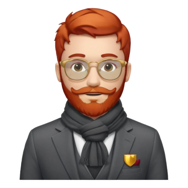 gray scarf, male,  beard, red hair, with suit, gold glasses sticker